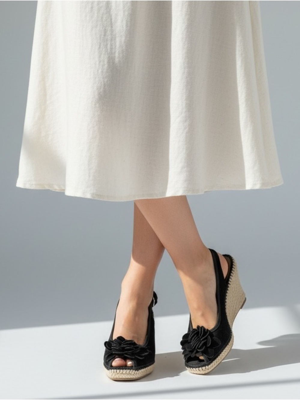 Bandolino Black Suede Espadrille Wedges with Floral Accent 8 - Picture 2 of 10